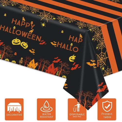 DIFEIUKI Happy Halloween Tablecloths, Set of 4, Spider Web, Bat, Pumpkin, Castle, Black and Orange, Rectangular Table Covers, Water-Repellent and Wate