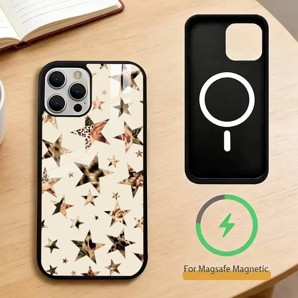 Trendy Leopard Print Star Pattern Phone Case For iPhone17,16,15,14,13,12,11 Plus,Pro Magnetic For Magsafe Wireless Charging