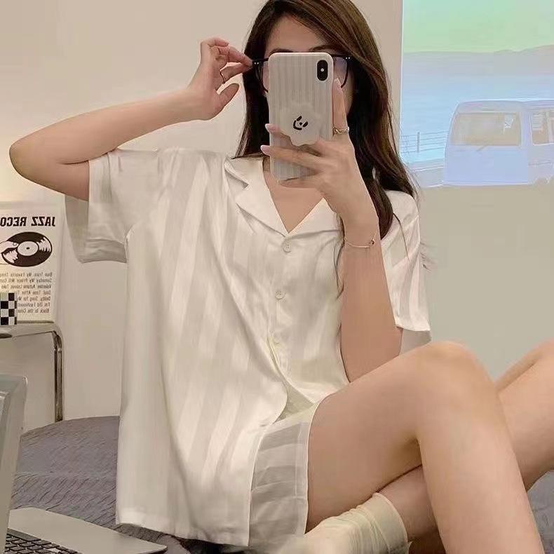 Dámské kostkované pyžamo z ledového hedvábí na jaro/léto 2024 - Dvoudílná sada s dlouhým rukávem