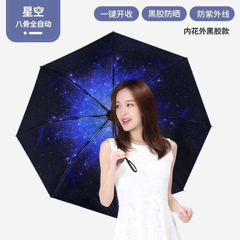 Ancient fully automatic three-fold umbrella, weather and rain parasol, graffiti female vinyl sun umbrella, a large number of