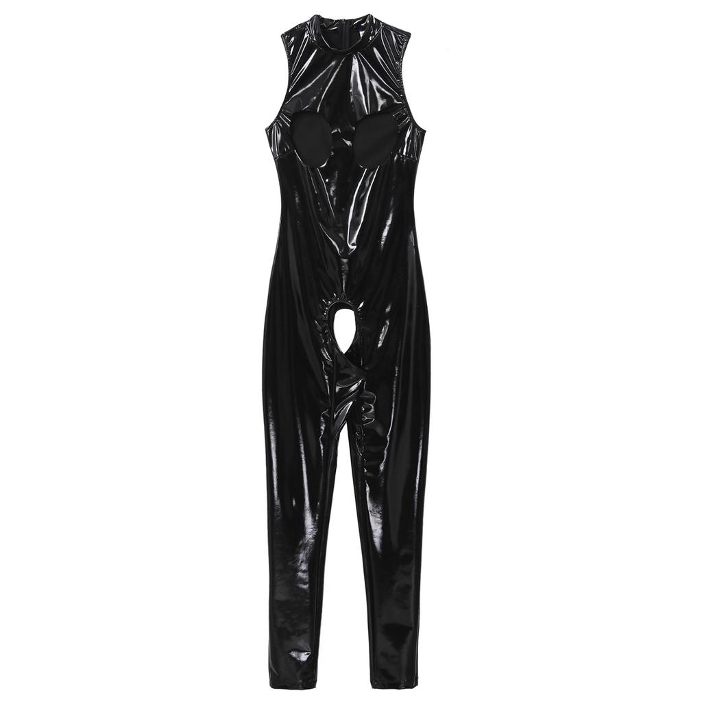 Women's Wetlook Bodysuit Latex Catsuit Leotard Patent Leather Sleeveless Bodycon Jumpsuit Sexy Lingerie Clubwear