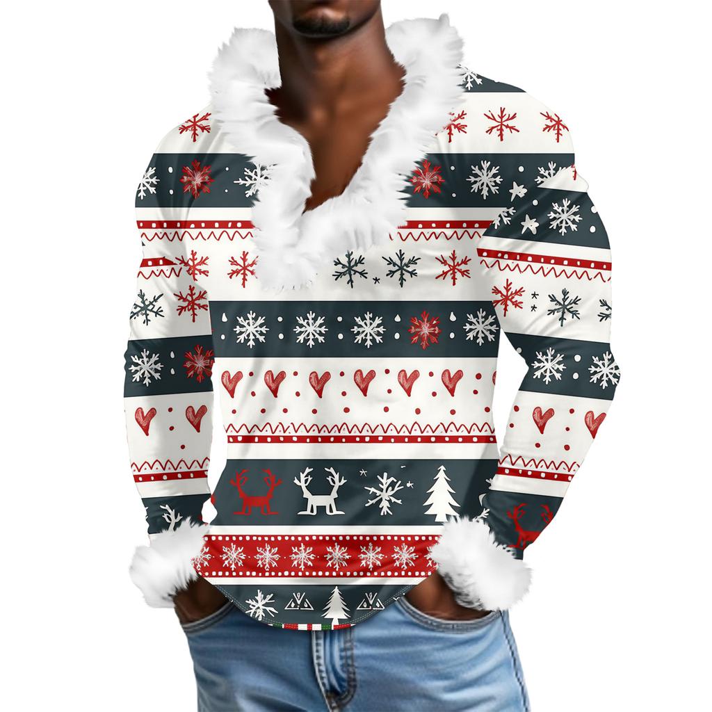 Herren Lässiges Weihnachten Bedrucktes Plüsch V-Ausschnitt und Fleece Langarm-Sweatshirt