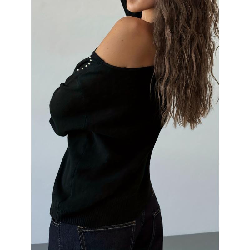 Women S Long Sleeve Off Shoulder Fitted Sweater With Rivets