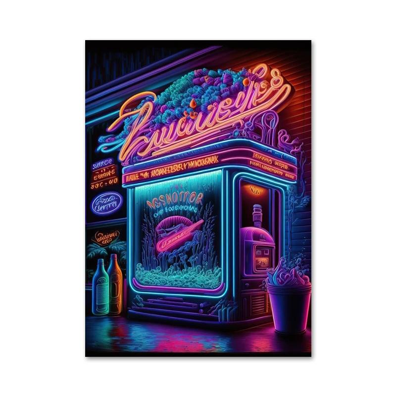 Colored Neon Lights Food and Beverage Posters Prints Hamburger Pizza Fruit Canvas Paintings Wall Art for Kitchen Home Decor