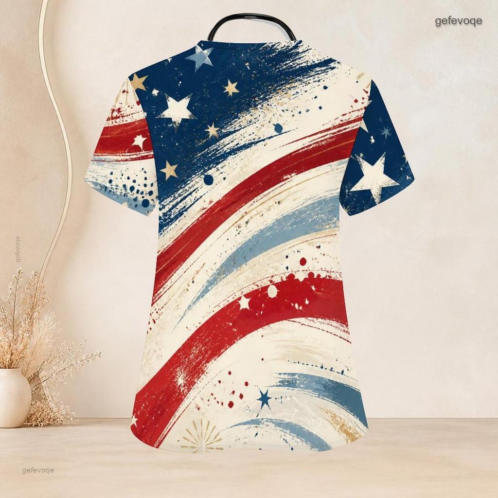 Women Plus Size Bald Eagle Star Printed Keyhole Neck Short Sleeve Nurse Scrub Top With Pockets