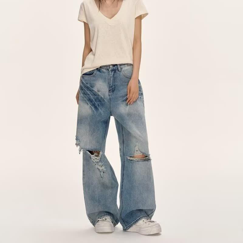 Mens Distressed Wide Leg Denim Pants Vintage Washed Loose Fit Straight Cut Casual Jeans