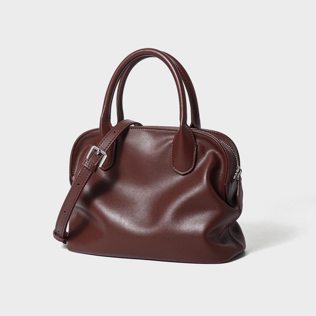 New Bowling Shell Bag Women's Genuine Cowhide Handbag with Pleated Design Large Capacity Crossbody Shoulder Bag for Commute Fashion Daily Use Bag
