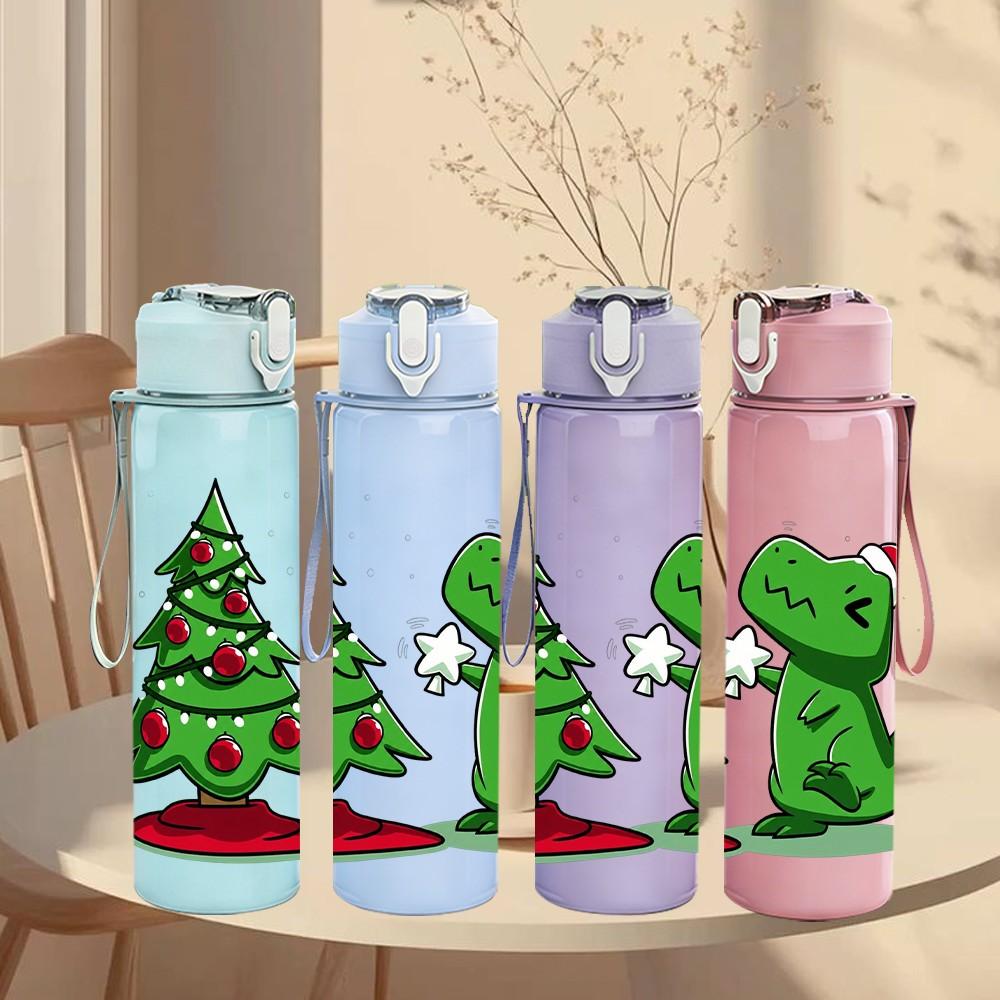 1PC Christmas Tree Dinosaur 750ml Color Plastic Sports Water Bottle Leakproof Flip Straw Lid Suitable for Sports Office Home Use
