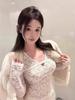 Women's White Lace V-Neck Long-Sleeve T-Shirt - Sexy Autumn Inner Layer