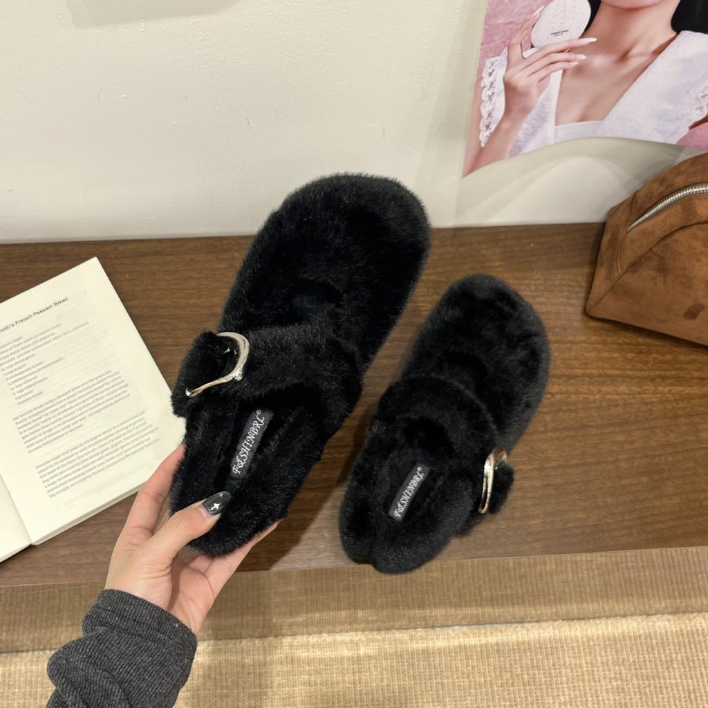 New round head one-word buckle with velvet warm thick-soled casual Boken retro women's single shoes