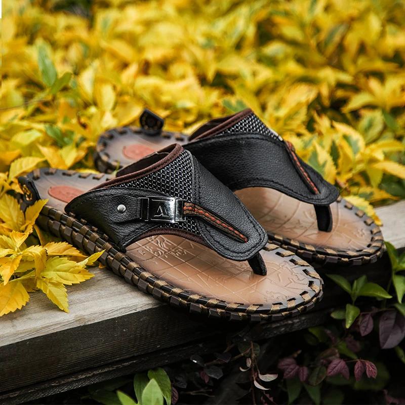 Luxury Brand Handmade Genuine Leather Shoes Cow Men Casual Shoes Beach Flip Flops Sneakers Summer Outdoor Footwear Flat Sandals