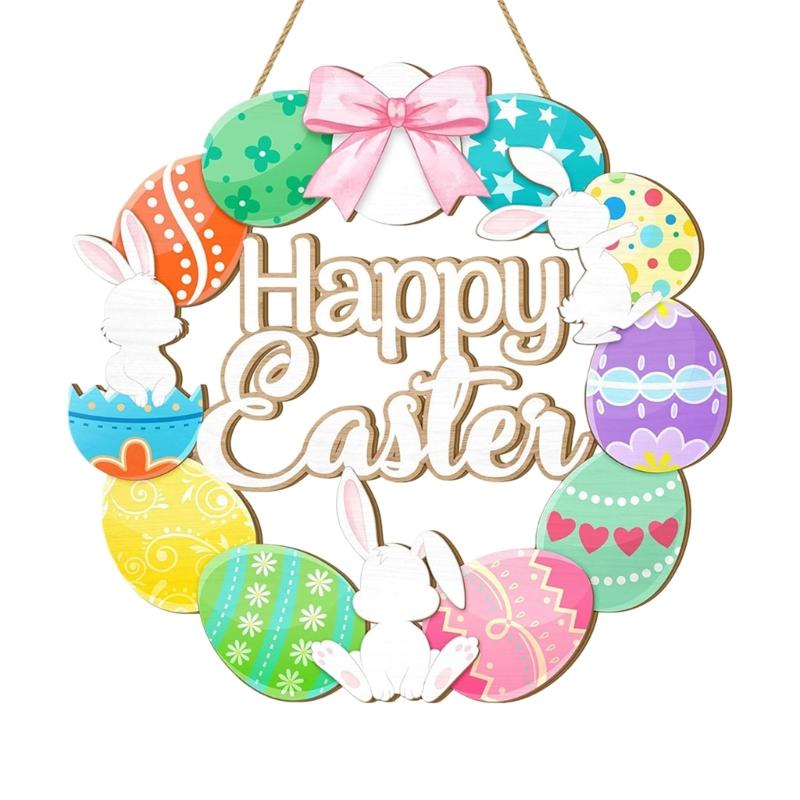 Easter Wooden Welcome Sign with Spring Flowers Rabbit Designs for Door Decoration Hanging Ornament