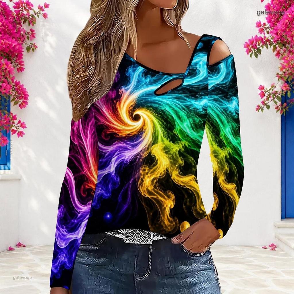 Women Plus Size Asymmetric Cutout Neck Cold Shoulder Long Sleeve Galaxy Printed Fitted Top