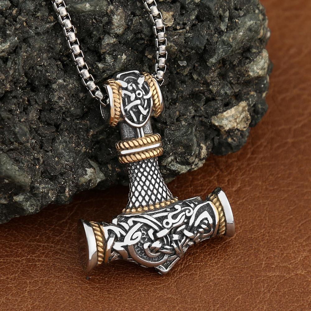 Unique Stainless Steel Vikings Thor Hammer Pendant Vintage Scandinavian Rune Necklace for Men Punk Jewelry Accessories