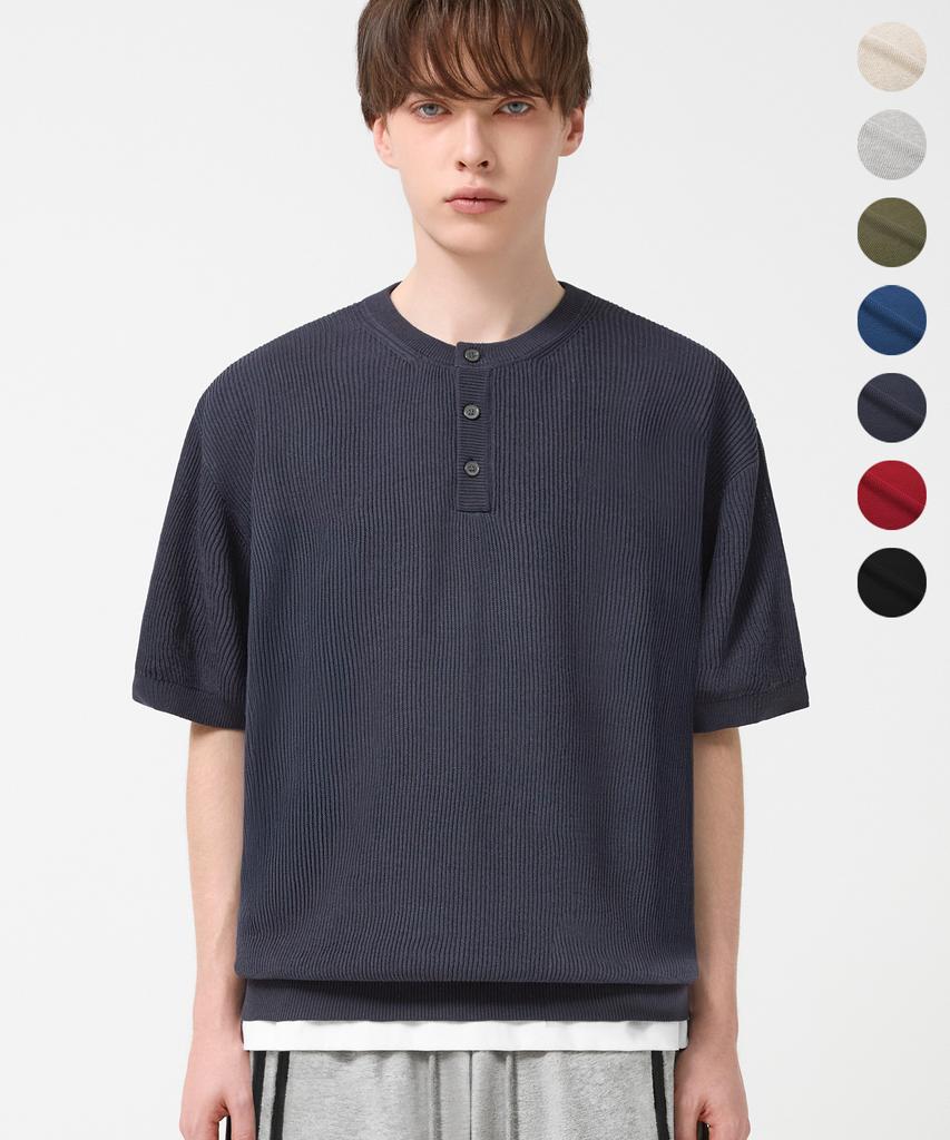 TRILLION Washable Linen Crop Henley Neck Short Sleeve Knit_7 Colors (Type A)