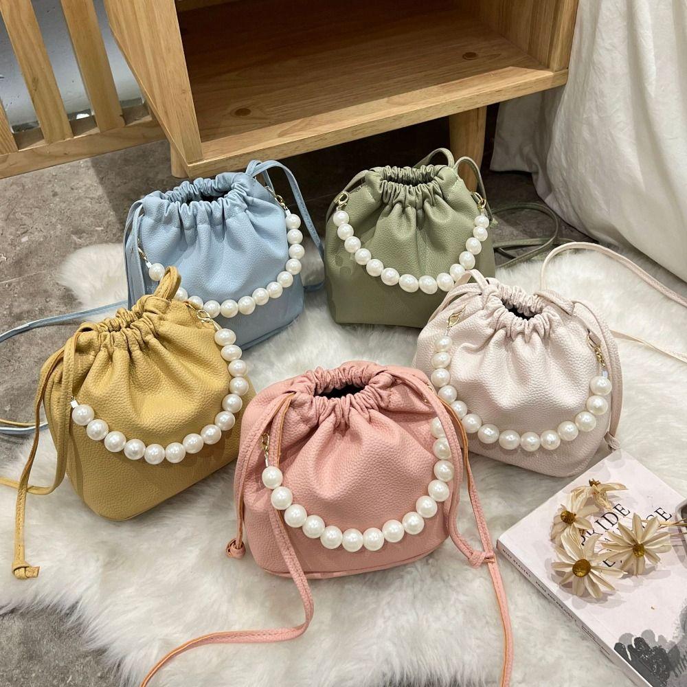 

Soild Color Drawstring Bucket Bag Single Shoulder Chain Crossbody Bag PU Leather Handbag Shopping білий