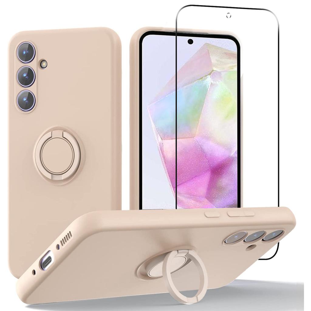 For Samsung Galaxy A35 5G Case Liquid Silicone Kickstand Cover with 2.5D Arc Edge Tempered Glass Film