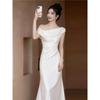 Noble French Long Satin Gown Ladies Off Shoulder Slim Mermaid Maxi Dress Formal Evening Wedding Party Outfi