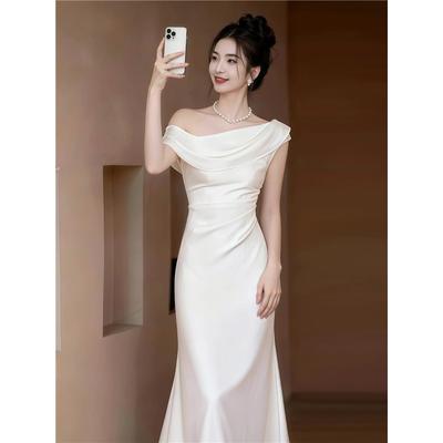 Noble Robe Longue Satinée Française pour Dames Décolleté Bardot Coupe Sirène Amincissante Maxi Robe Tenue de Soirée Formelle Mariage Fête