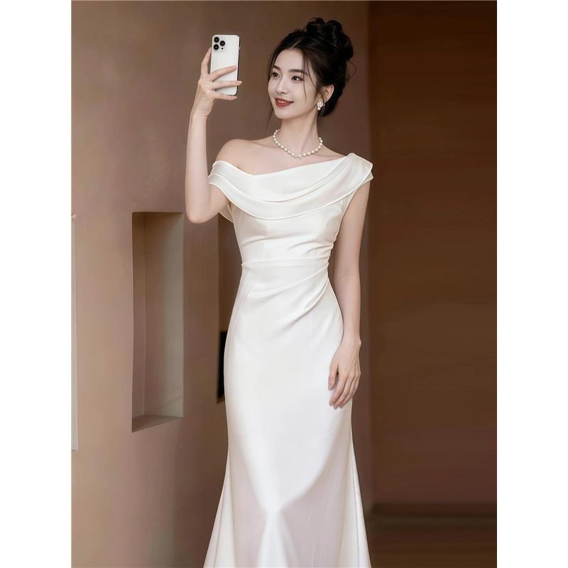 High Shine Satin Floor Length Formal Dress Ladies Off Shoulder Fold Collar Mermaid Evening Wedding Gown