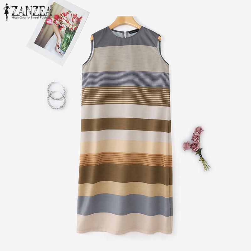 ZANZEA Womens Summer Round Neck Stripe Sleeveless Dress