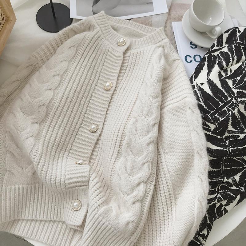 Soft waxy short twist cardigan women's autumn new round neck loose solid color knitted sweater fashion sweater jacket