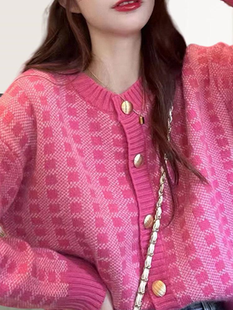 2024 Pink Plaid Knit Cardigan: Cute, Slimming, and Fashionable Spring/Autumn Sweater for Women