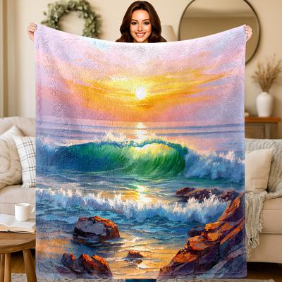Inspiration Ocean Sunrise Pattern Flannel Printed Blanket Suitable for All Seasons Suitable for Living Room Office Sofa Travel