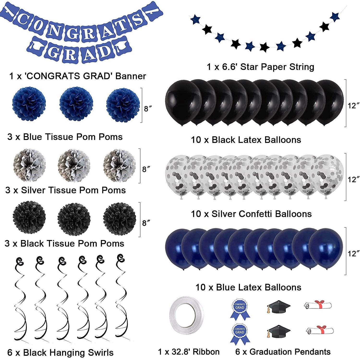 

Набор выпускных шаров темно-синего цвета, темно-синий, серебристый, украшение для выпускного вечера, серебристые спирали, бумажные шары-цветы, гирлянда из шаров Blue graduation suit