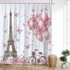 Vintage Paris Tower Shower Curtains Pink Butterfly Balloon Love Heart Floral Valentine'S Day Bathroom Curtain Decor With Hooks