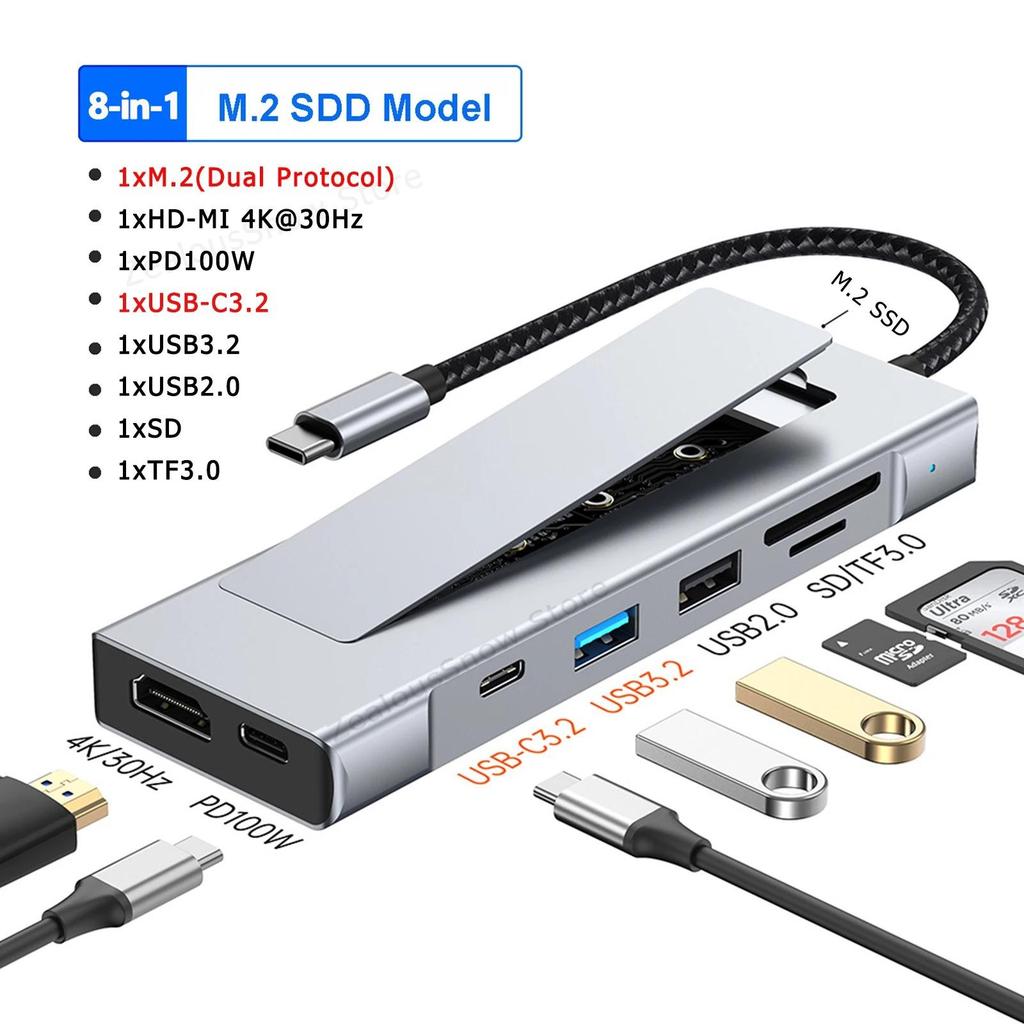 8 In 1 Type C Docking Station with Disk Storage Function USB 3.2 Hub 10Gbps M.2 NVMe SATA SSD Case Multi Adapter Card Reader USB C To HDMI Adapter