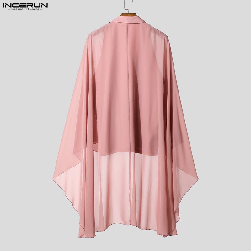 INCERUN Men V Neck Long Sleeve Mesh Layers Patchwork Casual Loose Cape Shirts