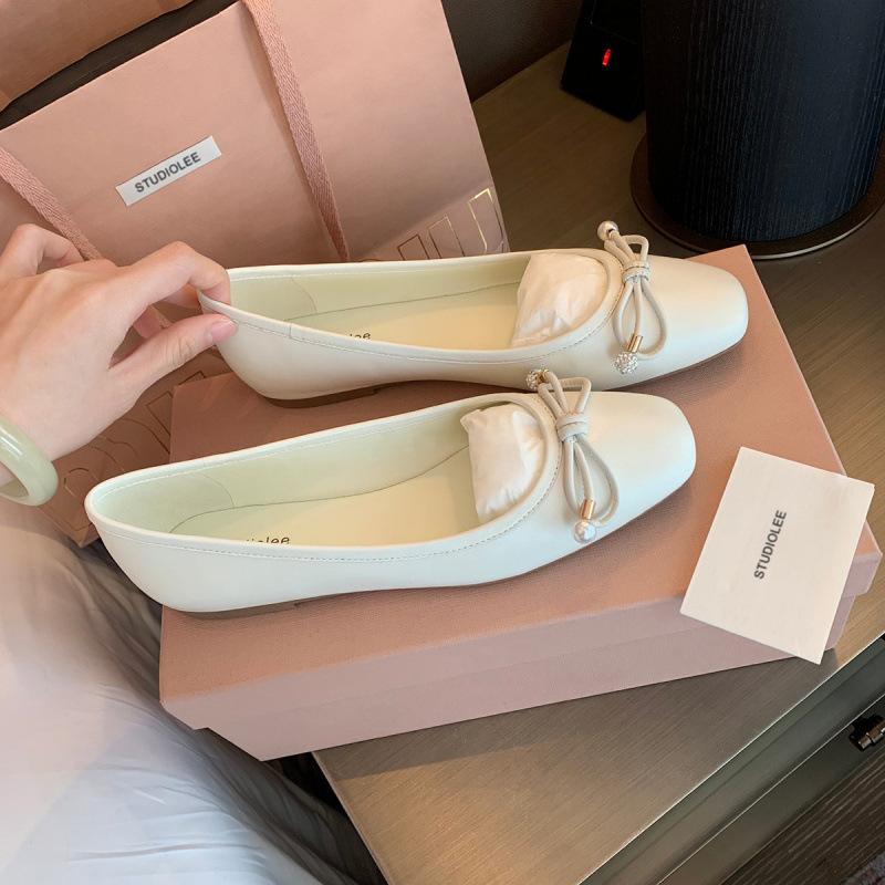 Shoes Classic round head bow rhinestone shallow mouth exquisite pearl ballet shoes