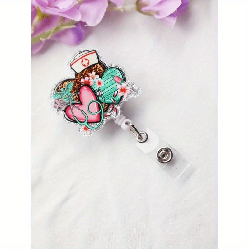 1PC Pink Heart Leopard Print Retractable Badge Reel For Nurses And Doctors Medical Staff Stylish Badge Buckle Card Holder For Hospital Workers