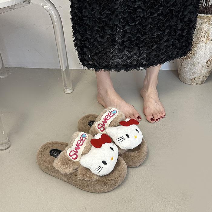 Hellokitty Cat Fluffy Slippers Women Wear Cute Thick Bottom Non-slip Comfortable Home Casual Versatile Cotton Slippers