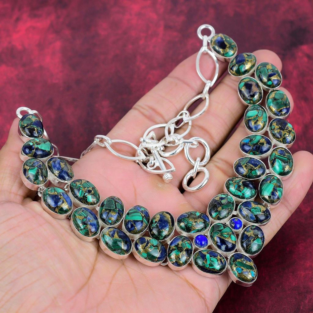 Copper Azurite Malachite Gemstone Jewelry, 925 Solid Sterling Silver Necklace, Adjustable Handmade Chain Necklace Gift For Wife Jewelry