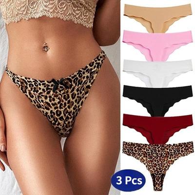 3 ks Dámská sexy leopardí tanga Kalhotky Bezešvé kalhotky s nízkým pasem Mašle Vyšívané spodní prádlo Kombinace