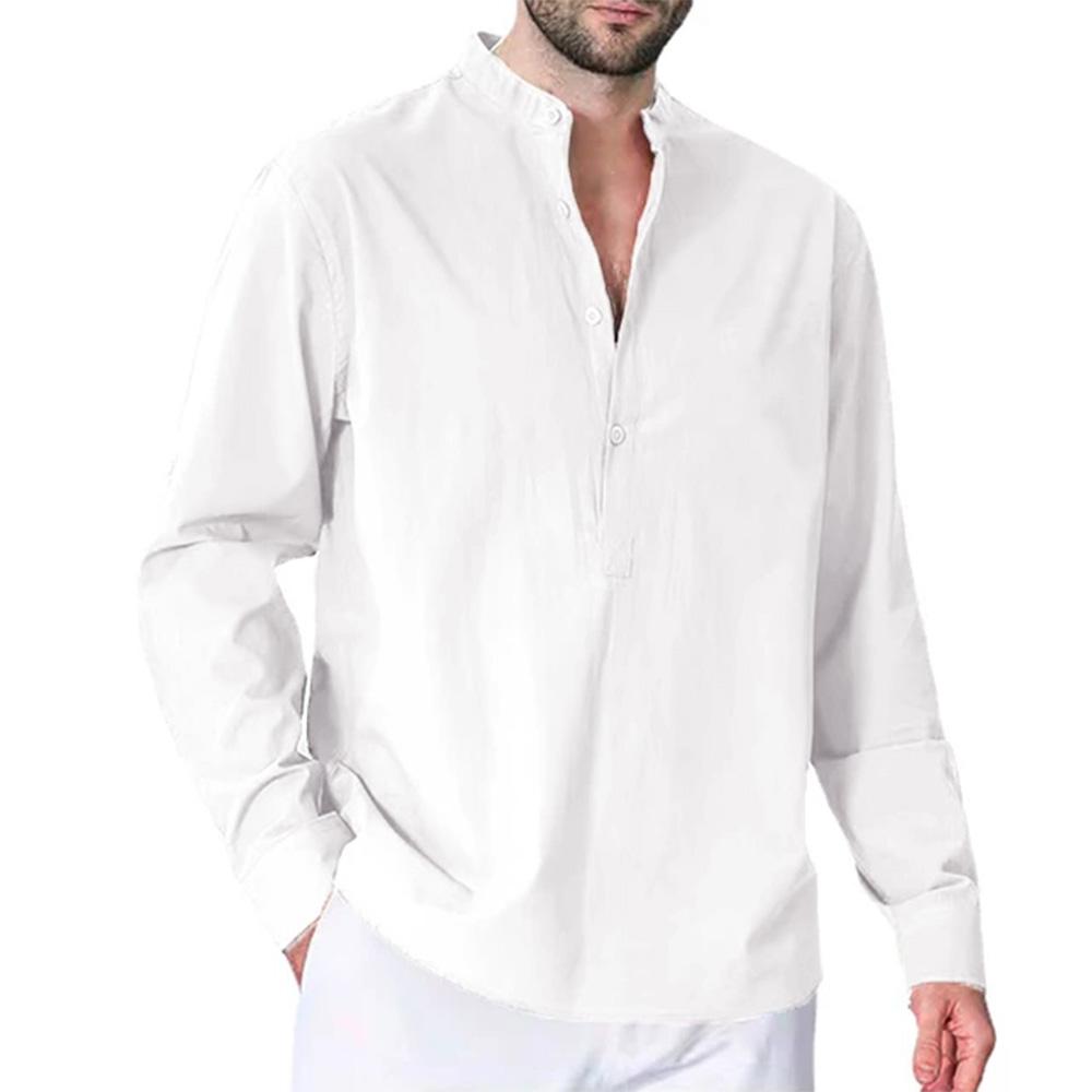 

Весенние хлопковые льняные рубашки для мужчин, обычная посадка, деловая повседневная блузка с длинным рукавом, воротник-стойка, сплошной цвет, модная футболка с дизайном пуговиц XXXL белый