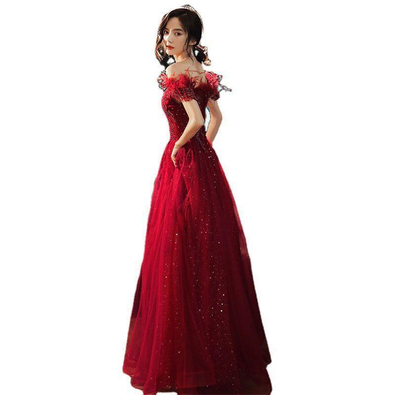 Rote Toast Braut 1011 Neues Hochzeitskleid Verlobungskleid Rückkehrkleid Atmosphärisch Sommer Lang