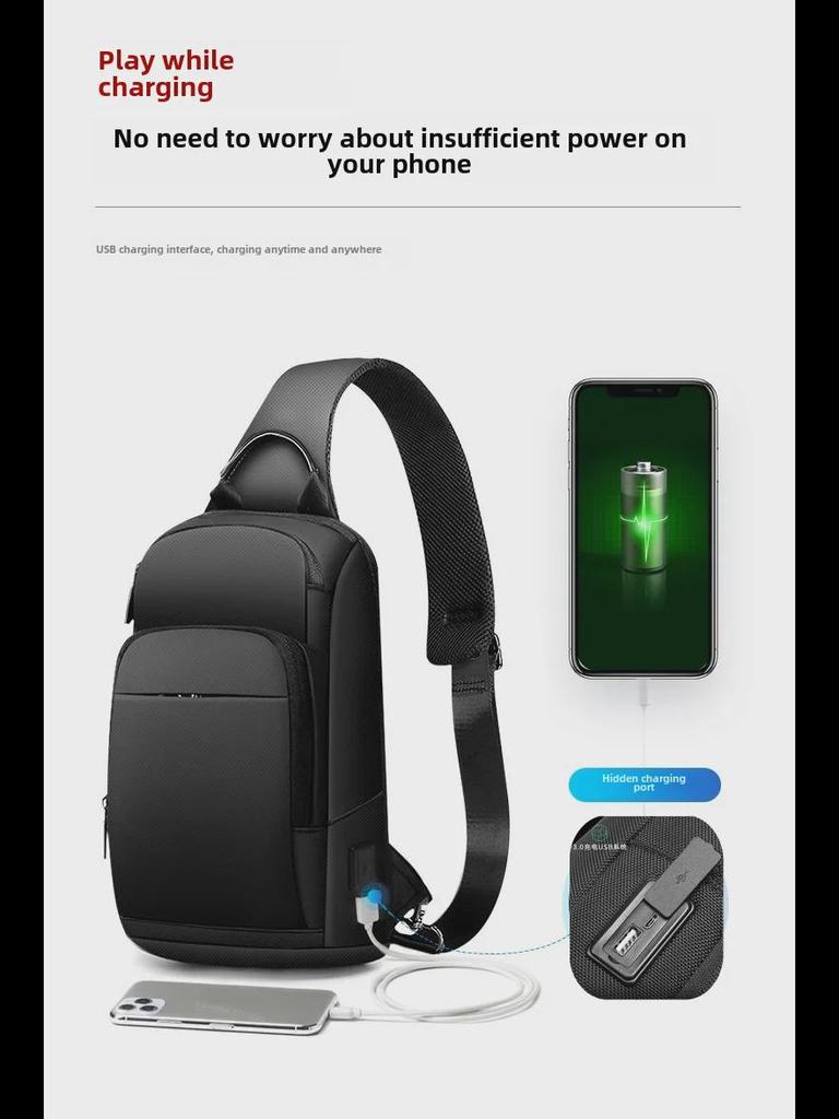 Men's Splash-Proof Cross-Border Chest Bag with USB Charging Port - Large Capacity, Single-Shoulder Messenger Backpack