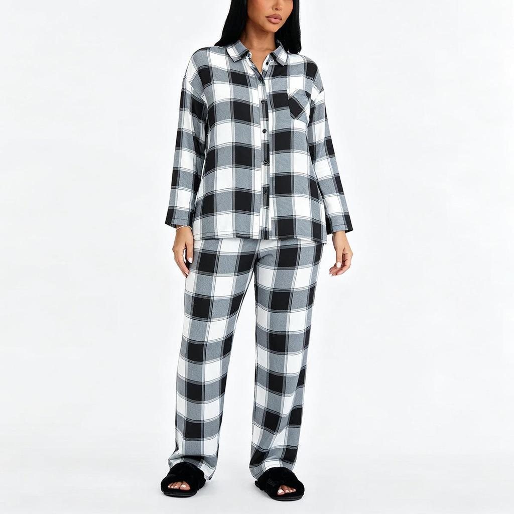 Europäischer und Amerikanischer Gestreifter Cardigan Pyjama Set - Damen Zweiteiliges Langarm Oberteil und Hose für Herbst und Winter