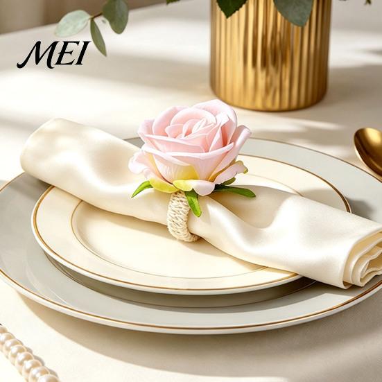 Fresh Style Napkin Holders for Kitchen Artificial Rose Ring, Fabric Pink Flower Holder, Rustic Floral Tableware Accessories Party Decor Ring Farmhouse