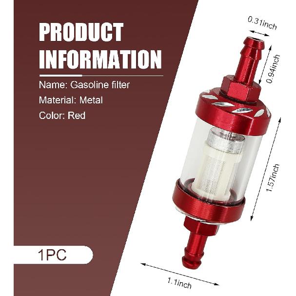 Motorcycles Fuel Filter, 1/4" Inline Fuel Filters, Transparent Tempered Glass Alloy Oil Filter Cup, Universal for ATV, Motorcycles, Dirt Bike (Red)
