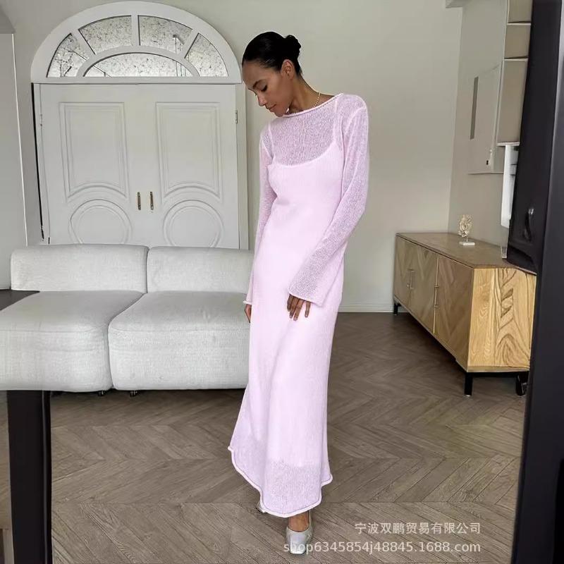 

Женский трикотажный ажурный длинный жилет с юбкой One size розовый