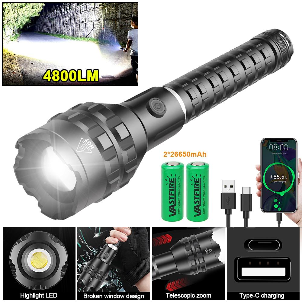 Brightest XHP160 White Flashlight Portable Zoomable Torch USB Rechargeable Powerful Waterproof Lantern Use 18650/26650 Battery