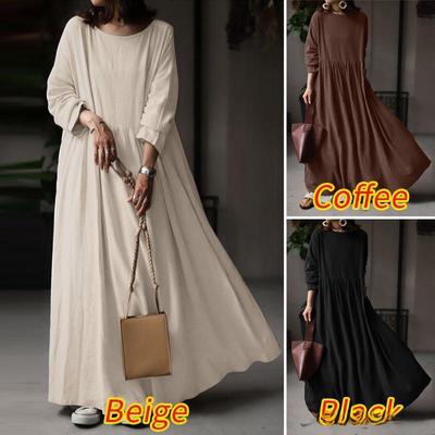 Damen Langkleid Rundhalsausschnitt Langarm Maxikleider Lässig Einfarbig Großes Schwingkleid