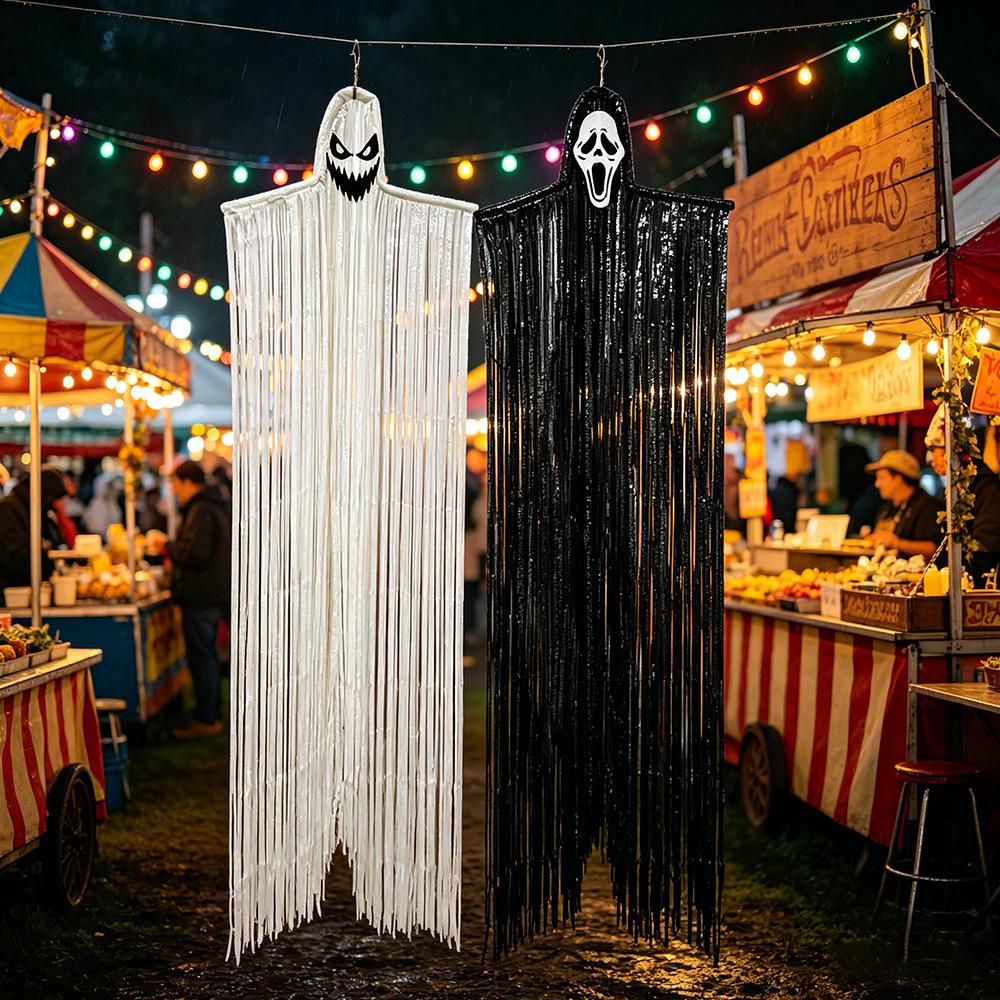 Halloween DIY Tassel Big Ghost Hanging Ornament Spooky Face Ghost Pendant Haunted House Yard Atmosphere Decor Party Cosplay Prop