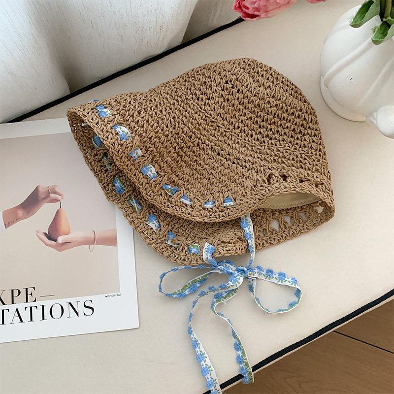 Women'S Floral Tied Woven Straw Hat Large Brim Sun Protection Beach Vacation Style Fisherman'S Cap Summer Accessory