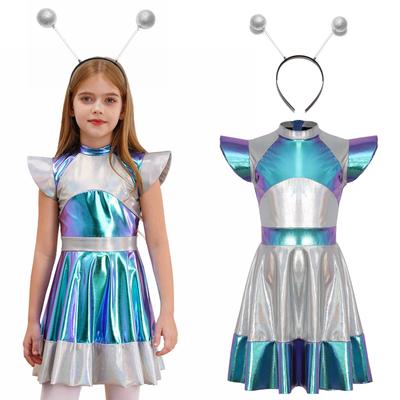 Girls Shiny Alien Outerspace Halloween Cosplay Costume Fling Sleeve Gradients A Line Tutu Dance Dress for Future World Party