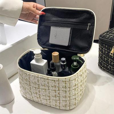 Large Capacity Plaid Cosmetic Bag Korean Tweed Makeup Organizer Toiletry Bag Women Travel Portable Storage Case